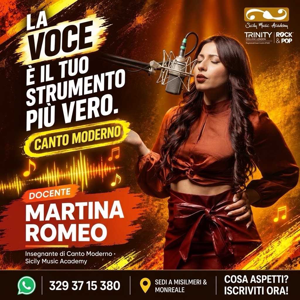 🎤 𝗟𝗔 𝗩𝗢𝗖𝗘 È 𝗜𝗟 𝗧𝗨𝗢 𝗦𝗧𝗥𝗨𝗠𝗘𝗡𝗧𝗢 𝗣𝗜Ù 𝗩𝗘𝗥𝗢. 🎶

Vuoi imparare a cantare o perfezionare la tua tecnica? Ti aspettano le lezioni di Canto Moderno con l’insegnante @__martinaromeo__ alla 𝗦𝗶𝗰𝗶𝗹𝘆 𝗠𝘂𝘀𝗶𝗰 𝗔𝗰𝗮𝗱𝗲𝗺𝘆 🎤✨

Sedi a 𝗠𝗶𝘀𝗶𝗹𝗺𝗲𝗿𝗶 e 𝗠𝗼𝗻𝗿𝗲𝗮𝗹𝗲, con la possibilità di sostenere gli esami 𝗧𝗿𝗶𝗻𝗶𝘁𝘆 𝗖𝗼𝗹𝗹𝗲𝗴𝗲 𝗟𝗼𝗻𝗱𝗼𝗻 𝗥𝗼𝗰𝗸 & 𝗣𝗼𝗽 🎓

📲 chatta ORA! su WhatsApp CLICCA QUI 👉https://bit.ly/3VaFFNN o Chiamaci al 𝟯𝟮𝟵 𝟯𝟳 𝟭𝟱 𝟯𝟴𝟬

👉 Cosa aspetti? 𝗜𝘀𝗰𝗿𝗶𝘃𝗶𝘁𝗶 𝗼𝗿𝗮!

#SicilyMusicAcademy #CantoModerno #MartinaRomeo #Misilmeri #Monreale LezioniDiCanto