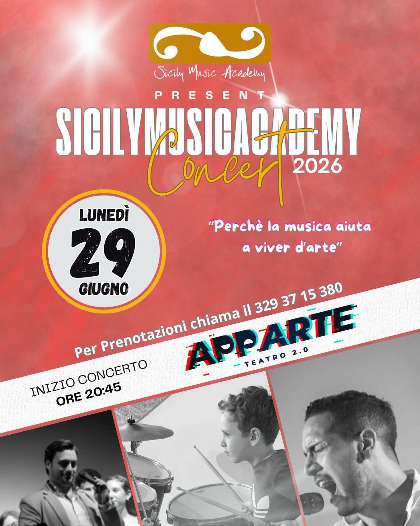 📢 𝐒𝐀𝐕𝐄 𝐓𝐇𝐄 𝐃𝐀𝐓𝐄! 
🎵𝑺𝑰𝑪𝑰𝑳𝒀 𝑴𝑼𝑺𝑰𝑪 𝑨𝑪𝑨𝑫𝑬𝑴𝒀 𝑪𝒐𝒏𝒄𝒆𝒓𝒕 𝟐𝟎𝟐𝟔🎵 

Il momento più atteso dell’anno è arrivato! 😍

🗓️ Lunedì 29 Giugno 
⏰ ore 20:45
📍Teatro Apparte 2.0

𝑉𝑖 𝑎𝑠𝑝𝑒𝑡𝑡𝑖𝑎𝑚𝑜 𝑝𝑒𝑟 𝑢𝑛𝑎 𝑠𝑒𝑟𝑎𝑡𝑎 𝑑𝑖 𝑚𝑎𝑔𝑖𝑎 𝑒 𝑝𝑎𝑠𝑠𝑖𝑜𝑛𝑒! ✨