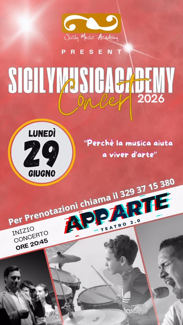 𝑺𝑰𝑪𝑰𝑳𝒀 𝑴𝑼𝑺𝑰𝑪 𝑨𝑪𝑨𝑫𝑬𝑴𝒀 𝑪𝒐𝒏𝒄𝒆𝒓𝒕 𝟐𝟎𝟐𝟔🎵 

Venite a vedere i nostri talenti sul palco! 

🗓️ Lunedì 29 Giugno 
⏰ ore 20:45
📍Teatro Apparte 2.0 - Palermo

Prenotate il vostro biglietto.

Vi aspettiamo!