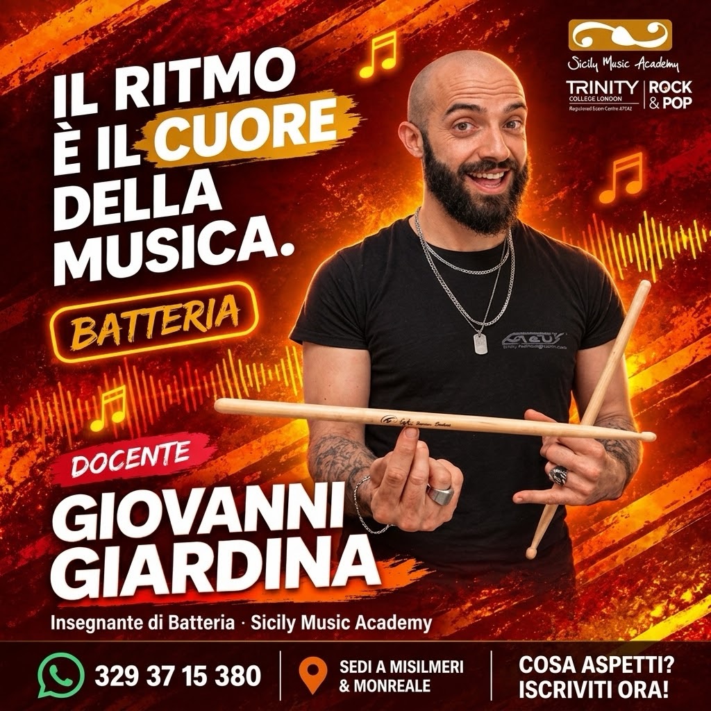 🥁 𝗜𝗟 𝗥𝗜𝗧𝗠𝗢 𝗘̀ 𝗜𝗟 𝗖𝗨𝗢𝗥𝗘 𝗗𝗘𝗟𝗟𝗔 𝗠𝗨𝗦𝗜𝗖𝗔. 🎶  

Vuoi imparare a dominare il ritmo e dare carica a ogni pezzo? Ti aspettano le lezioni di Batteria con il docente @giovannigiardina89 alla 𝗦𝗶𝗰𝗶𝗹𝘆 𝗠𝘂𝘀𝗶𝗰 𝗔𝗰𝗮𝗱𝗲𝗺𝘆 🥁✨  

Sedi a 𝗠𝗶𝘀𝗶𝗹𝗺𝗲𝗿𝗶 e 𝗠𝗼𝗻𝗿𝗲𝗮𝗹𝗲, con la possibilità di sostenere gli esami 𝗧𝗿𝗶𝗻𝗶𝘁𝘆 𝗖𝗼𝗹𝗹𝗲𝗴𝗲 𝗟𝗼𝗻𝗱𝗼𝗻 𝗥𝗼𝗰𝗸 & 𝗣𝗼𝗽 🎓  

📲 chatta ORA! su WhatsApp CLICCA QUI 👉 https://bit.ly/3VaFFNN o Chiamaci al 𝟯𝟮𝟵 𝟯𝟳 𝟭𝟱 𝟯𝟴𝟬
  
👉 Cosa aspetti? 𝗜𝘀𝗰𝗿𝗶𝘃𝗶𝘁𝗶 𝗼𝗿𝗮!  

#SicilyMusicAcademy #Batteria #GiovanniGiardina #Misilmeri #Monreale
